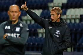 Brighton's English manager Graham Potter gestures on the touchline during the English League Cup third round football match between Preston North End and Brighton and Hove Albion at the Deepdale stadium in north-west England, on September 23, 2020.
