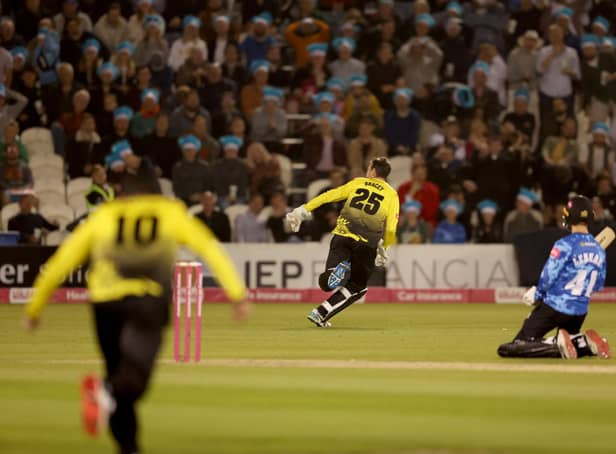 James Bracey of Gloucestershire celebrates dismissing Steven Finn of Sussex Sharks to win the Vitality T20 Blast clash between the Sussex Sharks and Gloucestershire (Photo by Warren Little/Getty Images)