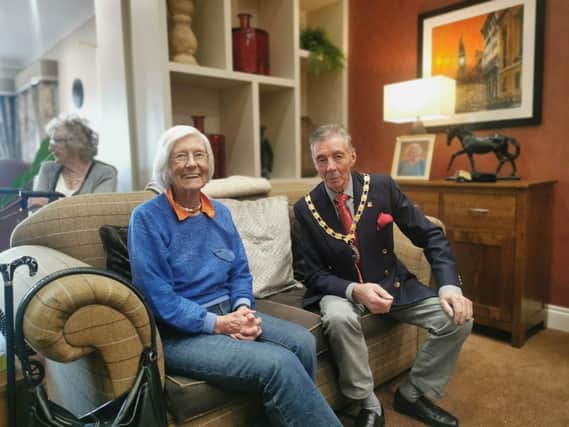 The Mayor of Hailsham enjoying a chat with resident Janice.