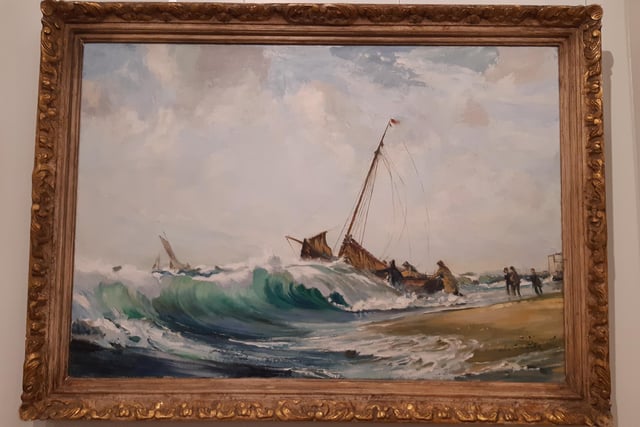 A striking piece by Leslie Wilcox, Launching a Fishing Boat at Rustington, purchased by Rustington Heritage Association in 2013