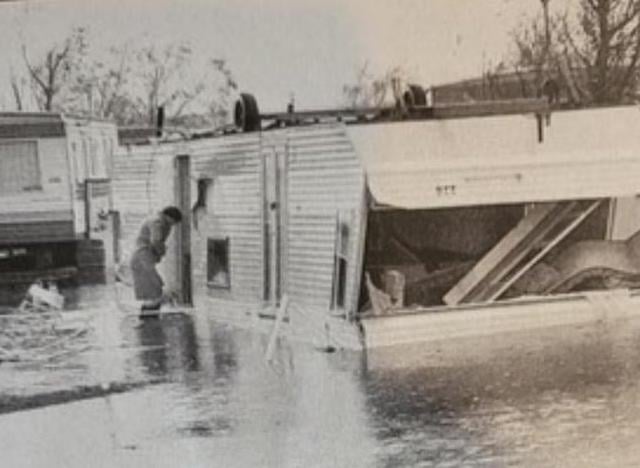 This caravan at the Coombe Haven holiday park in St Leonards was overturned by the winds and flooded