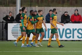 Horsham celebrate Charlie Hester-Cook’s (centre right) wonderful opener in Saturday’s 2-0 home win over Canvey Island in the Isthmian Premier. Pictures by John Lines