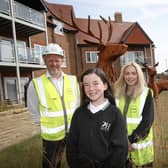 Two  of the three winners from Bohunt School,  Tristan and Pippa alongside the deer they named and representatives from Cala Homes. Photo contributed