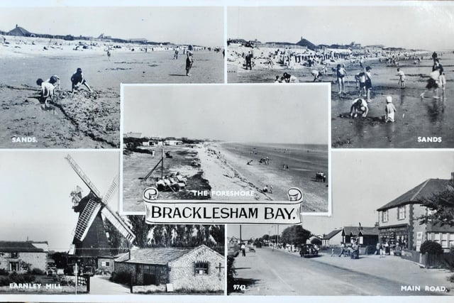 Earnley Mill features on the Bracklesham Bay postcard, along with the foreshore, Main Road and two pictures of the sands