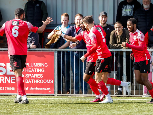 Action from Eastbourne Borough's National South win ovder Dartford at Priory Lane