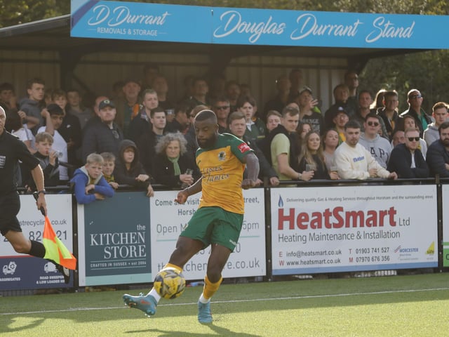 Action from Horsham's 2-0 home defeat to Bishop's Stortford in the Isthmian Premier on Saturday