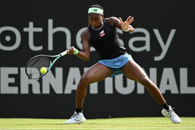 Coco Gauff of the United States plays a forehand during her singles match against Jessica Pegula of the United States at the Rothesay International Eastbourne at Devonshire Park (Photo by Justin Setterfield/Getty Images)