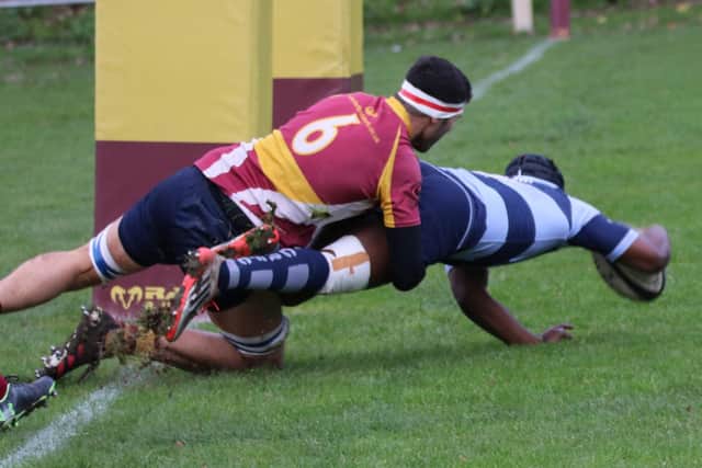 Tyrese Makasi goes over for Chichester away to Dartfordians | Picture: Alison Tanner