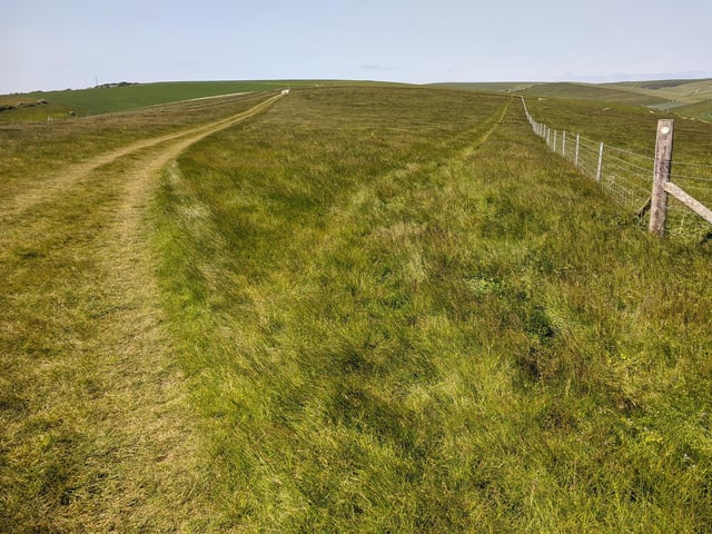 Follow the footpath that runs along the line of the fence. You will see an arrow on the fencepost pointing the way.