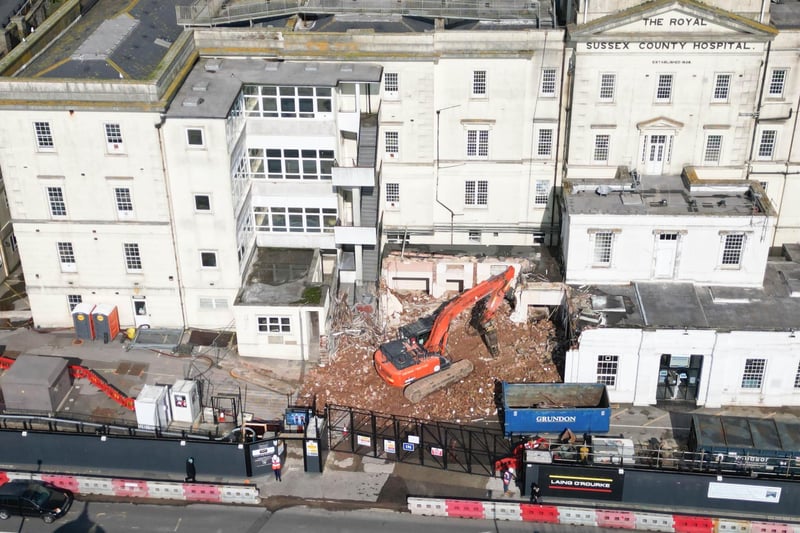 Demolition work is continuing at the Royal Sussex County Hospital in Brighton to make way for a new Sussex Cancer Centre.