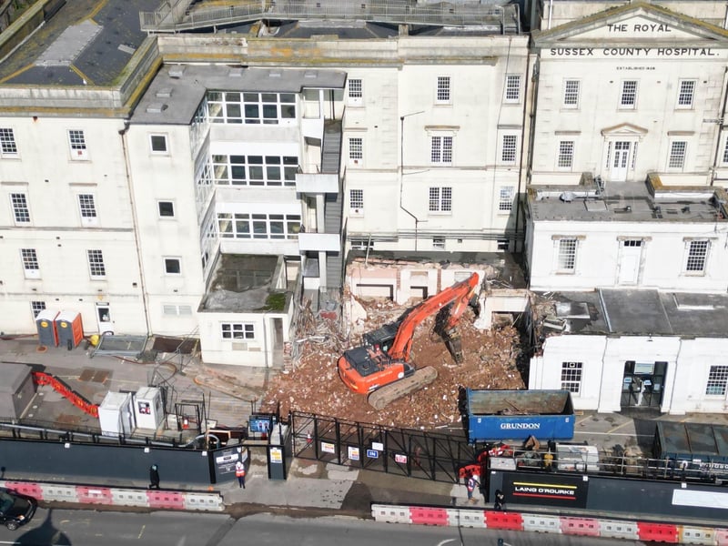 Demolition work is continuing at the Royal Sussex County Hospital in Brighton to make way for a new Sussex Cancer Centre.
