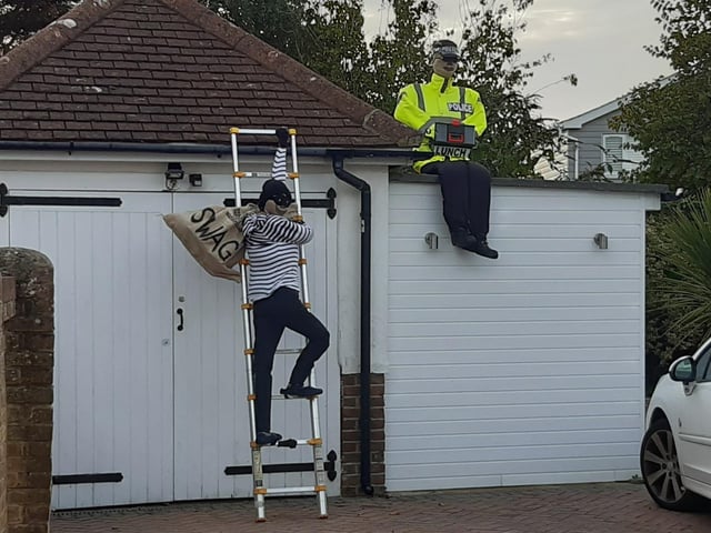 Some of the super scarecrows created for the Ferring Scarecrow Festival 2022, raising money for 1st Ferring Scouting Group. Some have pumpkins displaying a letter, five in North Ferring and nine in South Ferring. Unscramble them to enter the prize draw. Trail maps available at Brown's Natural Pet store.