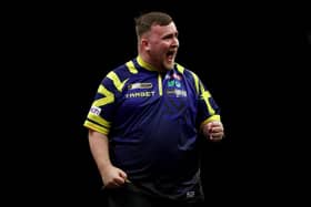 Luke Littler celebrates during his final match against Jonny Clayton on Night Five of the 2026 BetMGM Premier League Darts at Utilita Arena Cardiff on March 5. (Photo by Dan Istitene/Getty Images)