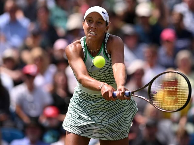 EASTBOURNE, ENGLAND - JULY 01: Madison Keys of United States plays a backhand against Daria Kasatkina during the Women's Singles Final match on Day Eight of Rothesay International Eastbourne at Devonshire Park on July 01, 2023 in Eastbourne, England. (Photo by Justin Setterfield/Getty Images):Action from Saturday's finals at the Rothesay tennis international at Devonshire Park, Eastbourne