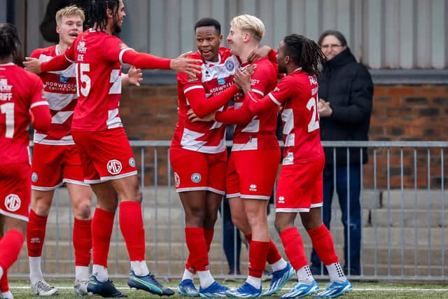 Borough celebrate their goal at home to St Albans last weekend - but the game ended in defeat | Picture: Lydia Redman