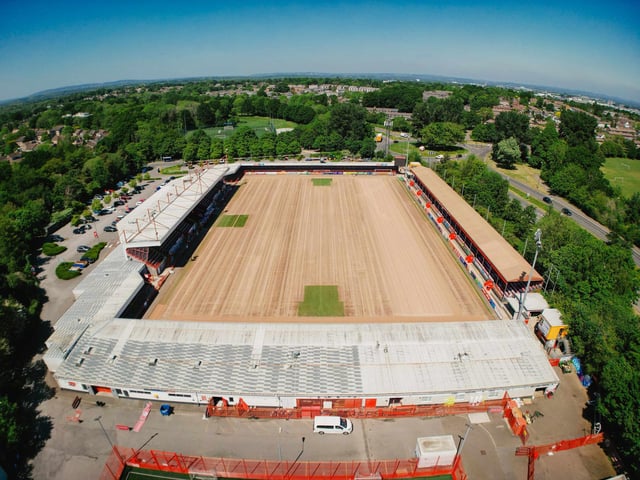 Crawley Town Football Club have had their pitch removed ready for summer renovations. Grant Mansfield took these wonderful pictures from above to show what it currently look inside the Broadfield Stadium.