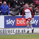 Jack Sowerby of Northampton Town celebrates after scoring his sides goa during the Sky Bet League Two between Northampton Town and Crawley Town at Sixfields on March 04, 2023 in Northampton, England. (Photo by Pete Norton/Getty Images)