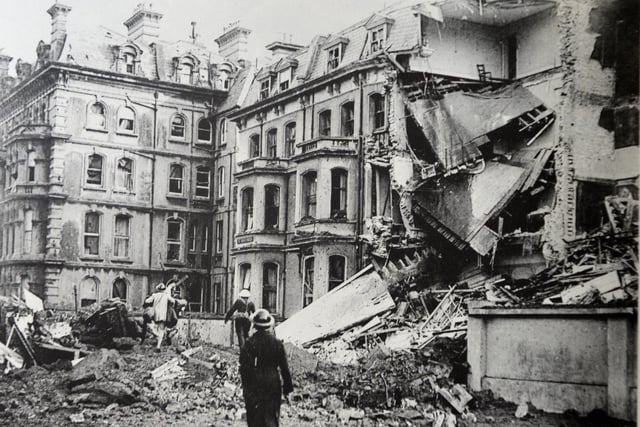 A bomb destroyed the front of the Berkeley Club in Trinity Place on October 8, 1940. There were three separate air raids in one afternoon on this day. (Copy photo by Jon Rigby)