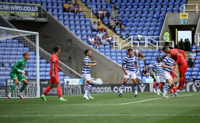 Solly March of Brighton and Hove Albion heads and scores at the Select Car Leasing Stadium (Photo by Eddie Keogh/Getty Images)