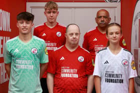 Foundation participants model the new Crawley Town FC kit (Photo: willvictorphoto)