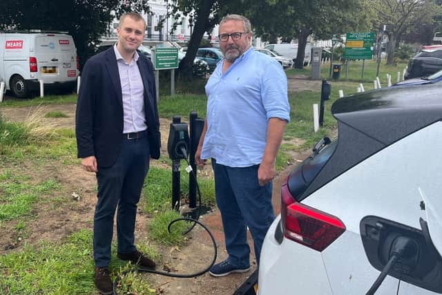 Eastbourne Borough Council's Jim Murray (right) with Tom Heagerty (left) from Connected Kerb. Picture from Eastbourne Borough Council