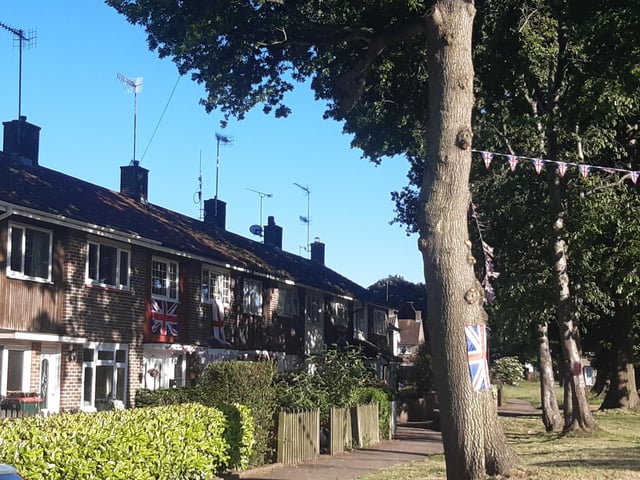 Bunting and Union Jack Flags cover the streets of Crawley