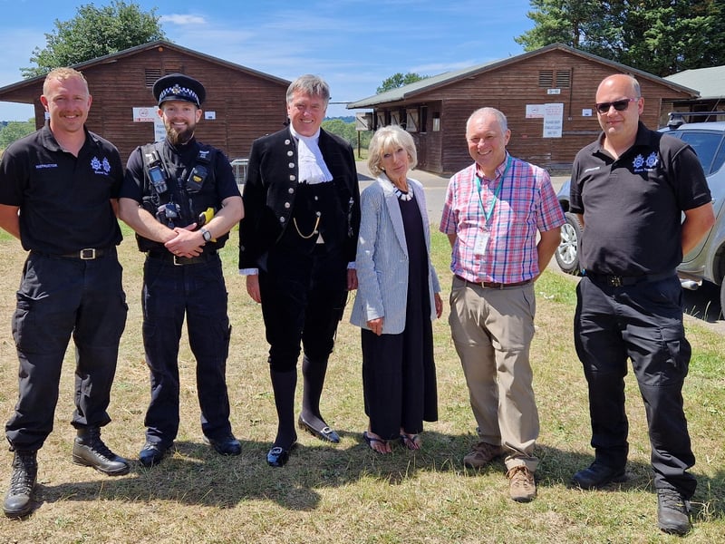 The Surrey and Sussex Police drone team with Ruth de Mierre, Haywards Heath Town Team chairman, and Tim Fooks, High Sheriff of West Sussex
