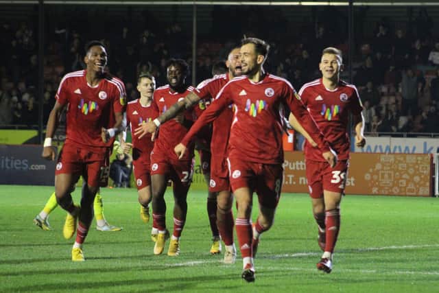 Long-range goals from Nick Tsaroulla and Jack Powell (pictured, front) earned Matthew Etherington a win in his first game in charge at Crawley against Swindon. Photo: Cory Pickford