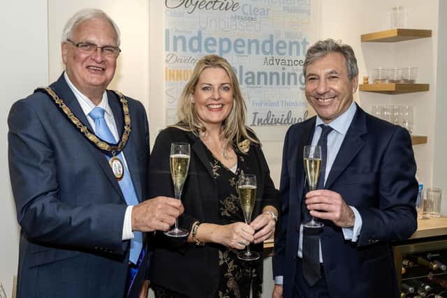 From left: Haywards Heath town mayor Howard Mundin, Mid Sussex MP Mims Davies and Foundation Financial Planning managing director Gianni Campopiano