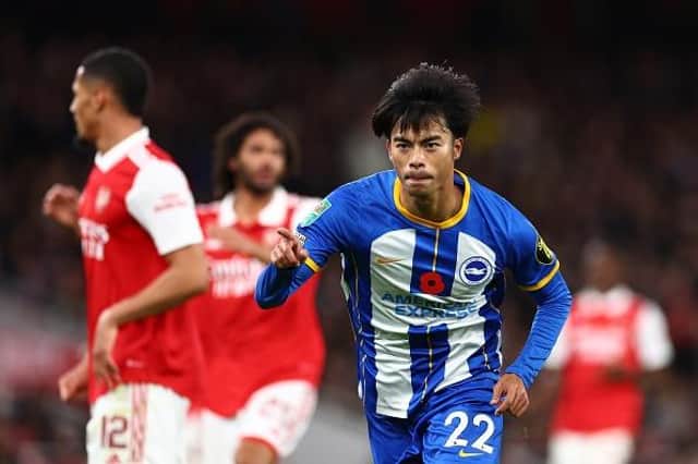 Kaoru Mitoma of Brighton & Hove Albion celebrates after scoring their team's second goal during the Carabao Cup Third Round match at Arsenal