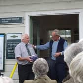 The retiring Mick Newman is thanked by Paul Nicholson of Plumpton Station Partnership
