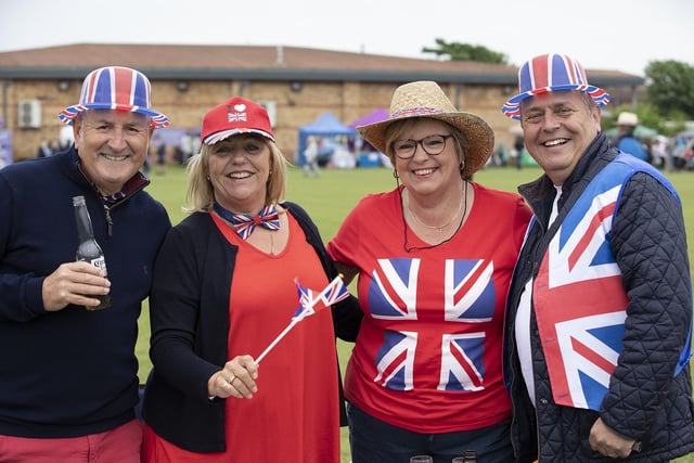 In party mood celebrating The Queen's Platinum Jubilee, (l-r) Richard Harringley, Beverley Harringley, Jo Byne and Dave Byne at Selsey Fair (SCC)
