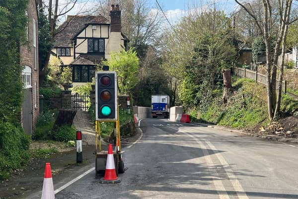 The A29 at Church Hill in Pulborough partially reopened for single-lane traffic in April but West Sussex County Council says there is 'no clear solution' to fully reopening the road. Photo: Eddie Mitchell