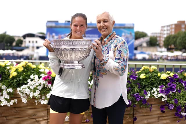 Daria Kasatkina poses with the Eastbourne trophy with tennis legend Martina Navratilova following victory against Leylah Annie Fernandez of Canada in the women's singles