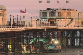 Permanent repair work is underway at Worthing Pier, with contractors using spring tides to gain more time to work while the sea is out. ==