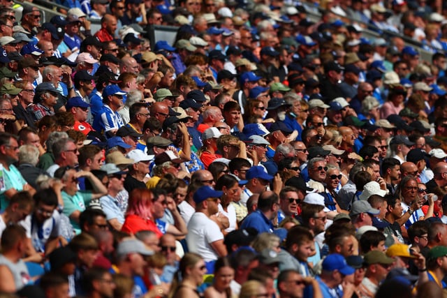 BRIGHTON, ENGLAND - AUGUST 27: Fans watch the Premier League match between Brighton & Hove Albion and Leeds United at American Express Community Stadium on August 27, 2022 in Brighton, England. (Photo by Bryn Lennon/Getty Images)