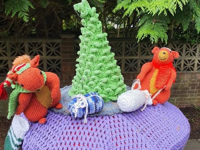 Christmas-themed teddy and squirrel with a tree at Upper Kings Drive, opposite the Sunrise retirement home