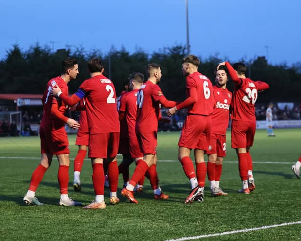 Worthing celebrate to their second but it was in vain as Chelmsford City won 3-2 | Picture: Mike Gunn