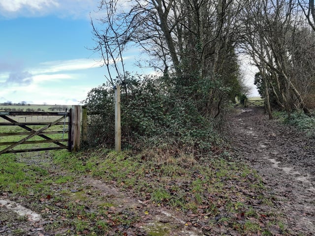 Ignoring the gate marked private on the left, take the footpath up. You are still on Monarch's Way.