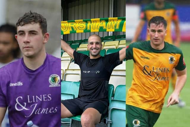 The departure of goalkeeper Taylor Seymour (left) has been off-set by the arrivals of defender Sami El-Abd (centre) and returning midfielder Charlie Harris at Horsham. Pictures courtesy of John Lines, Horsham FC and Derek Martin Photography & Art