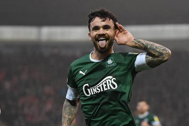 Dom Telford celebrates scoring for Plymouth. (Photo by Dan Mullan/Getty Images)