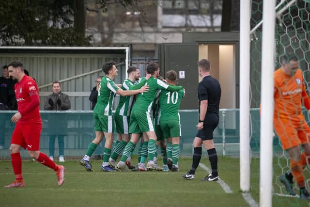 Chichester City celebrate a goal in their win over Beckenham at Oaklands Park | Picture: Neil Holmes