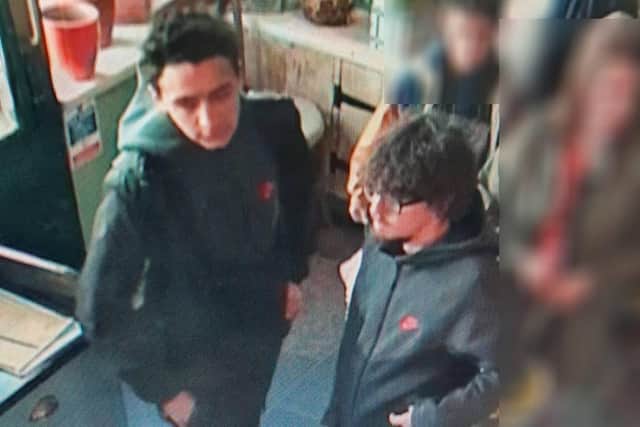 Police investigating a report of two stolen electric bicycles (e-bikes) in Lewes have issued this CCTV image of two men they wish to speak with. Pictures courtesy of Sussex Police