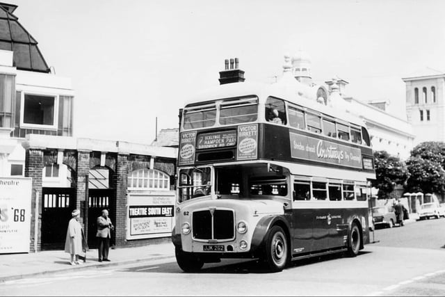 The bus is parked between the Winter Gardens and Devonshire Park Theatre on Compton Street in 1962,  in traditional blue shows the fine lines of these splendid E Lancs 60 seat bodies