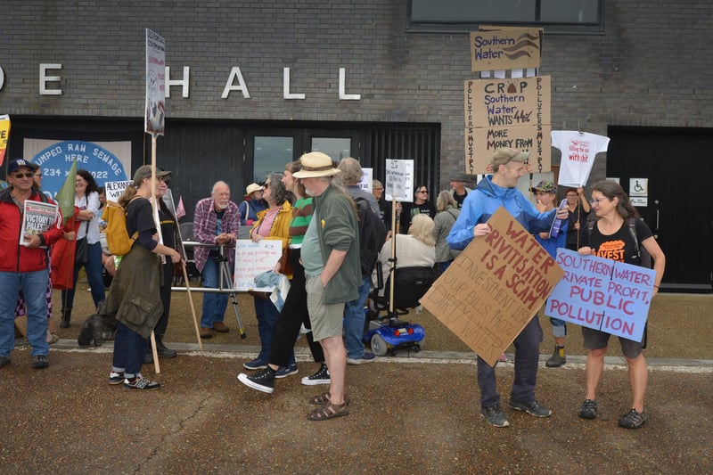 Protest outside Southern Water's Your Water Matters event in Hastings Old Town on October 12 2023.