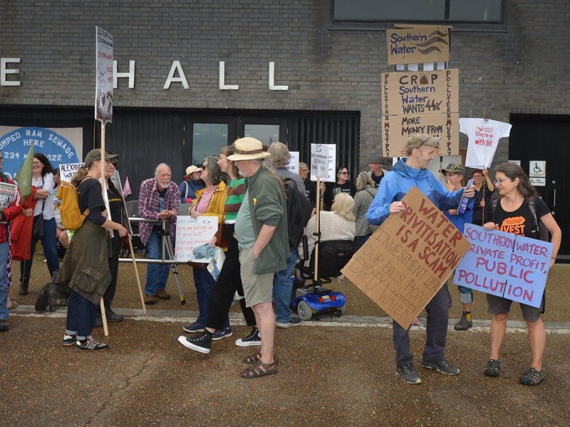 Protest outside Southern Water's Your Water Matters event in Hastings Old Town on October 12 2023.