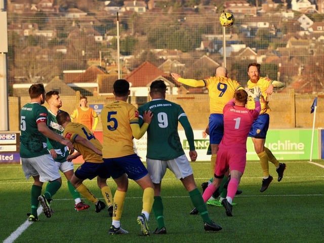 Action from Lancing's 3-2 win over Ashford United on Saturday. Picture by Stephen Goodger