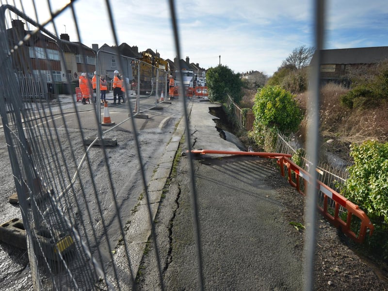 A major sewage leak closed off Bulverhythe Road in St Leonards on February 3 2023.