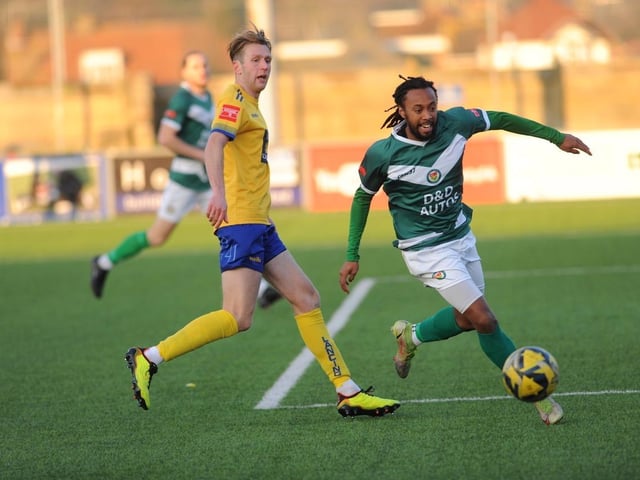 Action from Lancing's 3-2 win over Ashford United on Saturday. Picture by Stephen Goodger