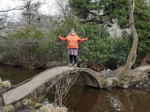 Reporter Elaine Hammond crossing the fairy bridges in Sandgate Park, near Storrington